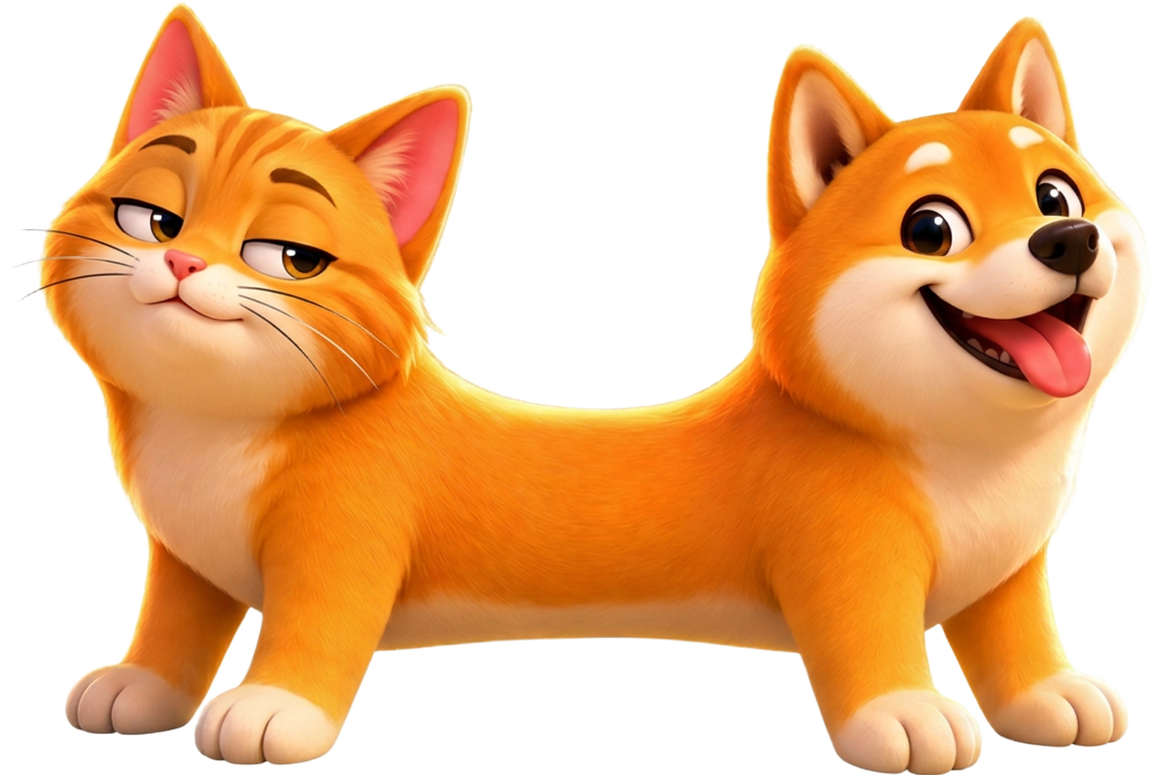 CatDog, one body with a cat head and a Shiba head
